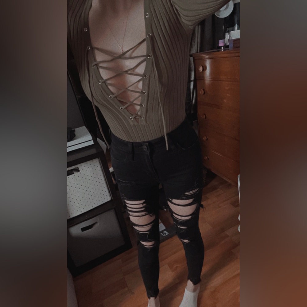 Forever 21 Olive Green Ribbed Lace-Up Top